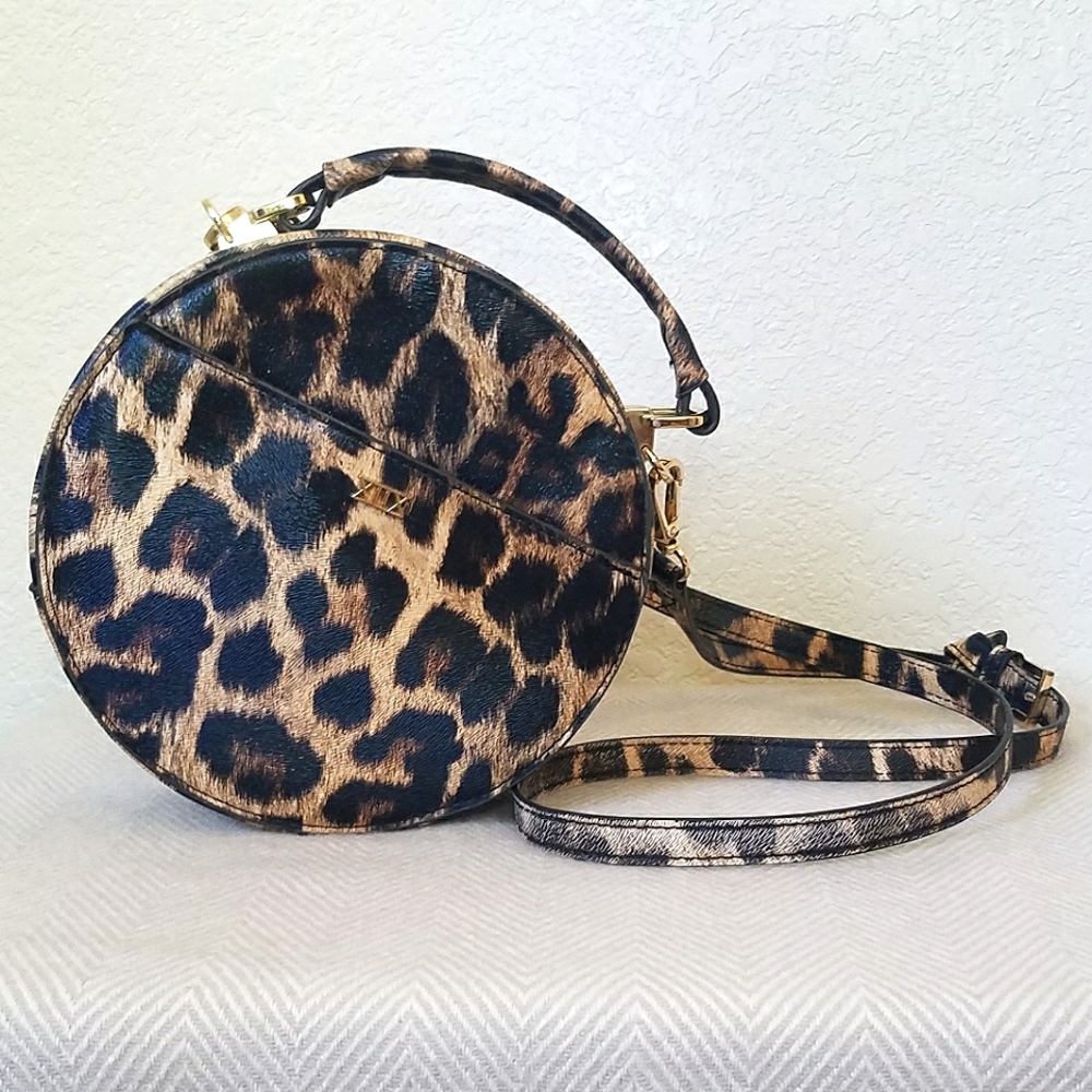 Collection XIIX Leopard and Black Circle / Round Cross Body / Carry Handbag